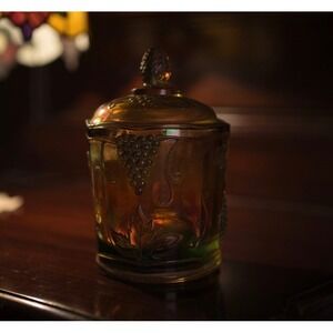 Vintage Amber Carnival Glass Grape Leaf canister collectible 70s cottage farm